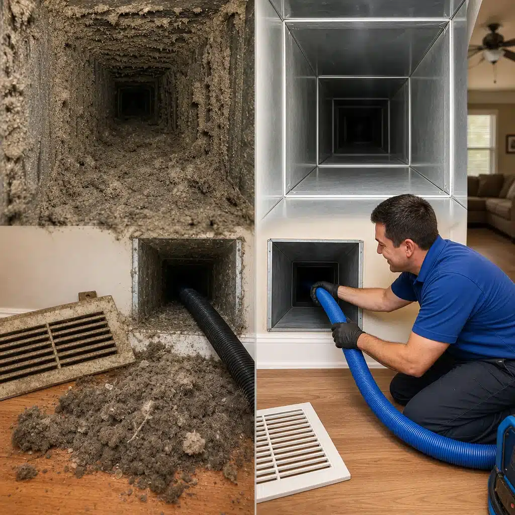 A split-view image showing a heavily dust-choked vent alongside a polished, clean metal duct loop being serviced by a smiling Go Air Ducts technician with a blue vacuum line.