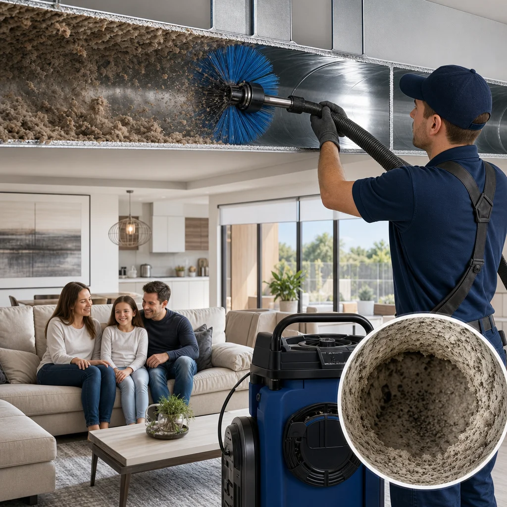A Go Air Ducts specialist brushes a round wall opening above a detailed panel sequence tracking intense dust layers, polished metal paths, and a heavily congested furnace filter frame.