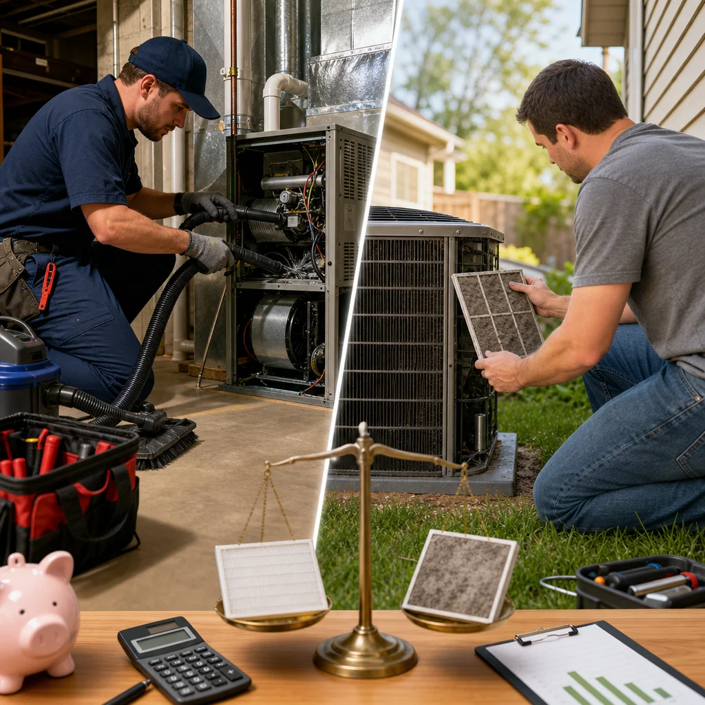 A split-screen image showing a Go Air Ducts technician cleaning an indoor furnace on the left and an outdoor AC unit on the right. In the foreground, a balance scale compares a clean filter to a dirty one next to a piggy bank and calculator.