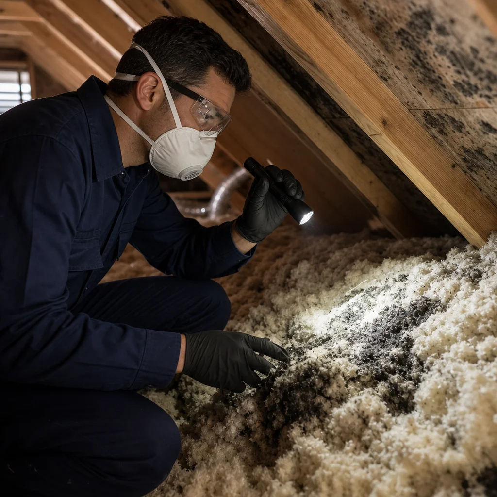 A Go Air Ducts inspector wearing a protective mask and gloves shines a flashlight on a dark, mold-contaminated section of blown-in attic insulation and roof framing.