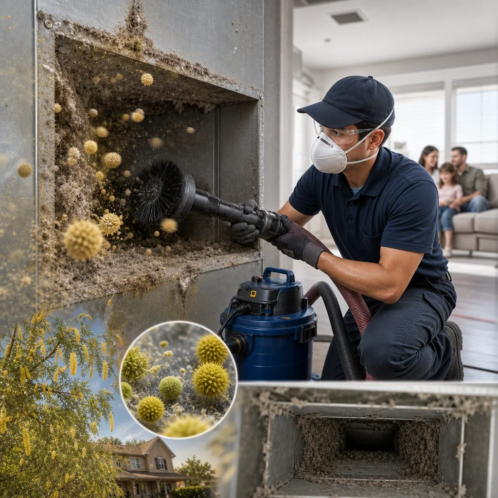 A collage showing a Go Air Ducts technician in a respirator cleaning a heavily dust-laden air plenum, with insets highlighting outdoor blooming pollen plants and a microscopic view of pollen spores.