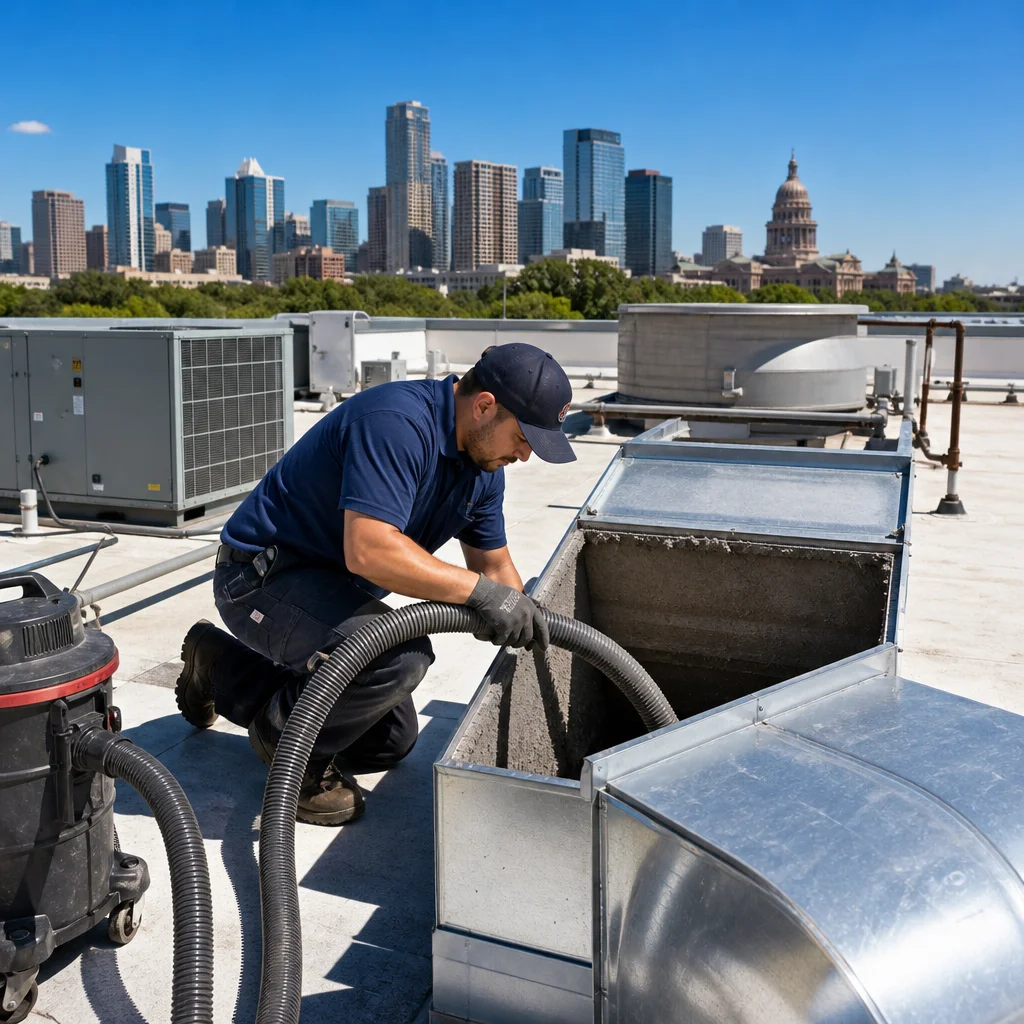 A Go Air Ducts commercial HVAC specialist uses an industrial vacuum line to clean out an open rooftop sheet metal trunk line against a city skyline.