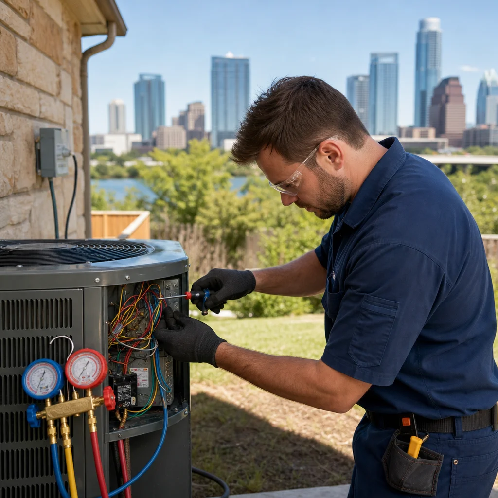 A technician from Go Air Ducts uses a screwdriver on the open electrical control panel of an outdoor AC compressor unit, with manifold testing gauges hooked up and a city skyline in the background.